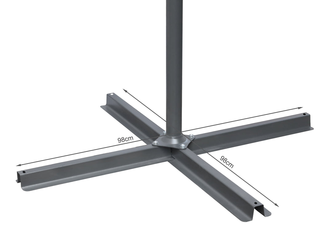 Base of Toughout Puriri Outdoor Cantilever Umbrella showing sturdy cross design with dimensions for stability.