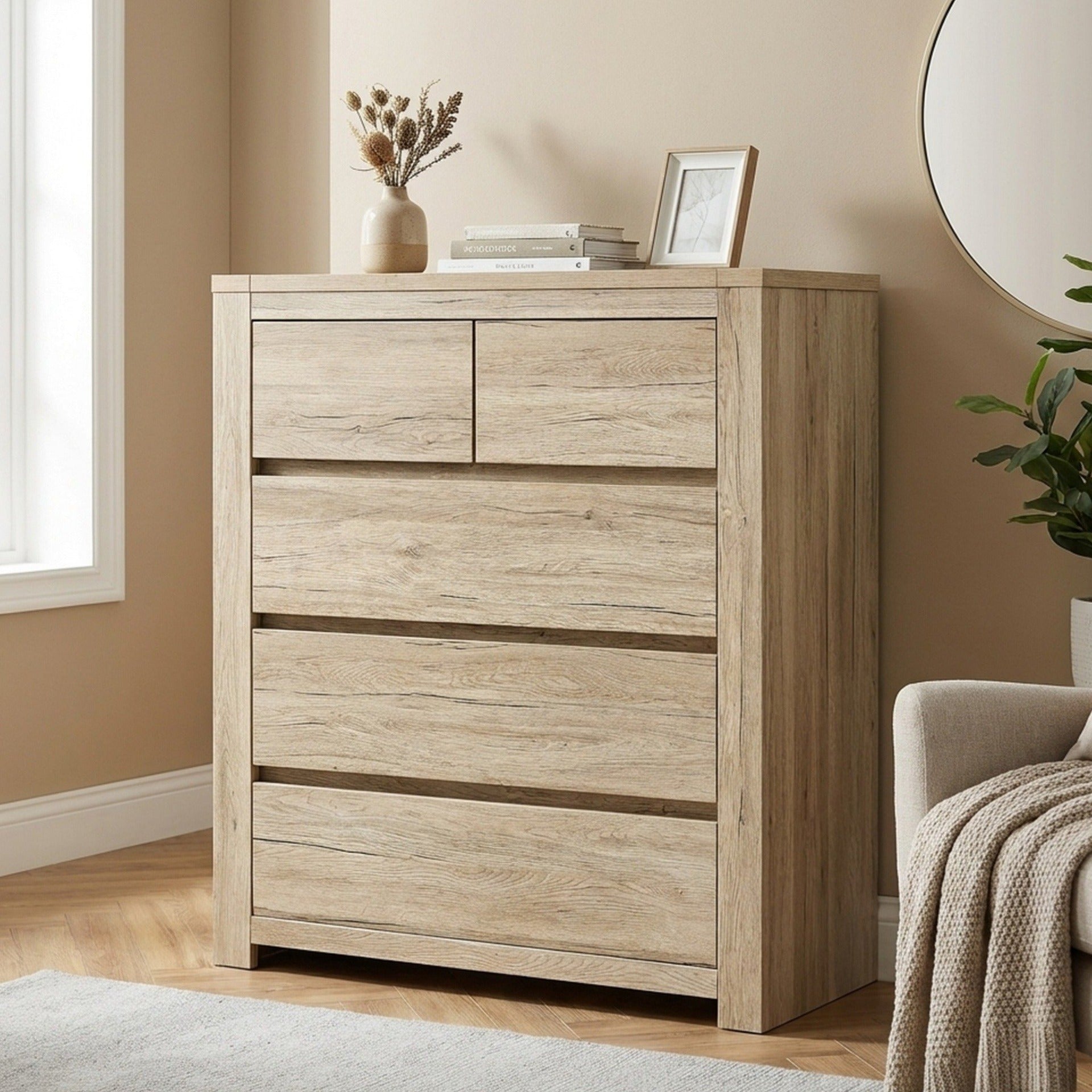 Borneo 5 Drawers Tallboy - Rustic Oak Style – Treasurebox