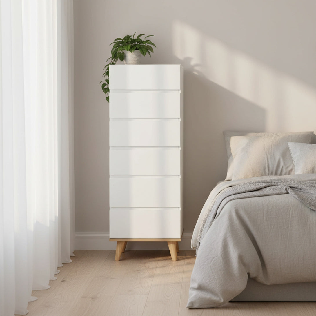 Hudson Wooden Slim Tallboy 6 Drawers - White 