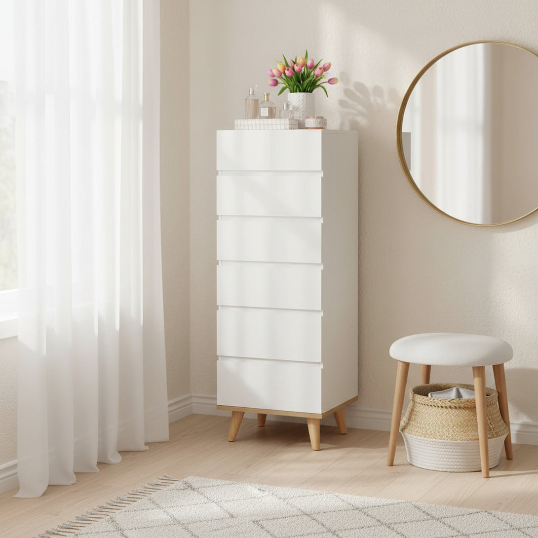 Hudson Wooden Slim Tallboy 6 Drawers - White 