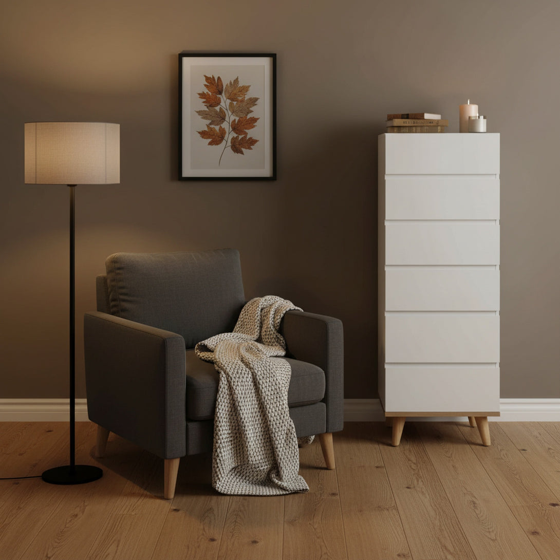 Hudson Wooden Slim Tallboy 6 Drawers - White 