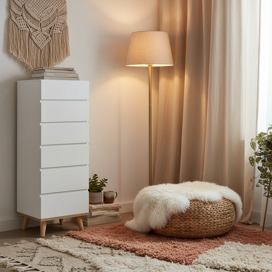 Hudson Wooden Slim Tallboy 6 Drawers - White 