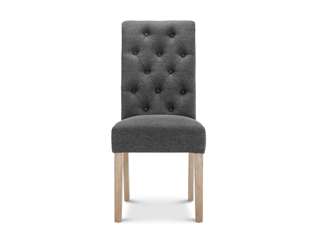 Zoey 4 Piece Upholstered Dining Chair in Dark Grey with button backrest and wood legs for stylish dining room decor.