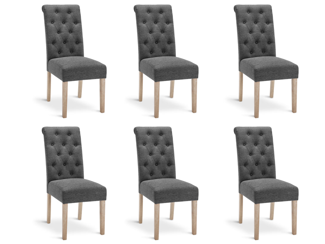 Zoey 6 Piece Upholstered Dining Chair set in Dark Grey with button backrest and wooden legs for elegant dining decor.