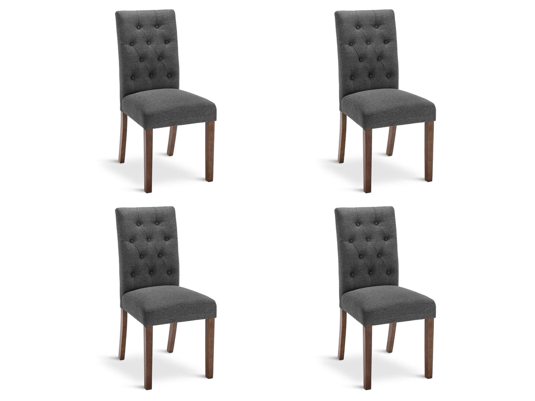 Lucia 4 piece upholstered dining chair set in dark grey with button tufted backrests and wooden legs.