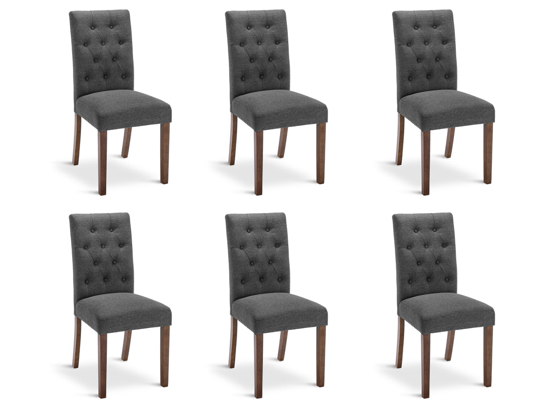Lucia 6 piece upholstered dining chair set in dark grey with button tufted backs and wooden legs.