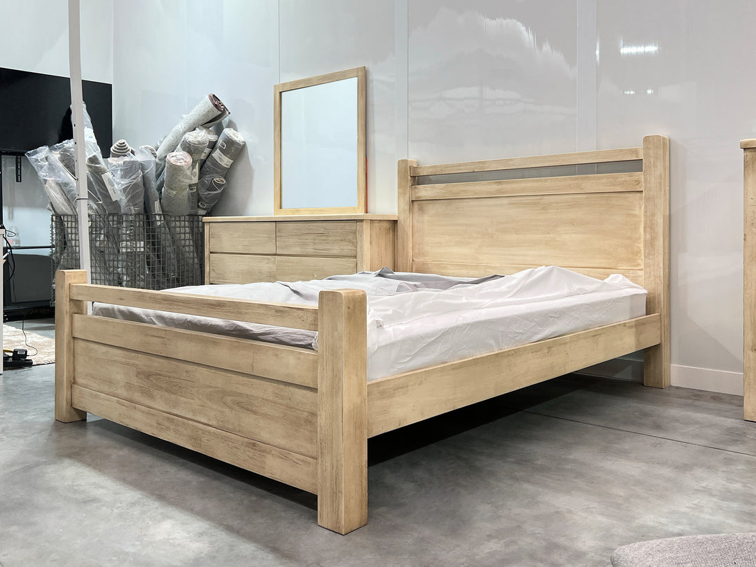 Martos Solid Acacia Wood Queen Bed Frame in briar smoke finish showcasing modern design and sturdy construction.