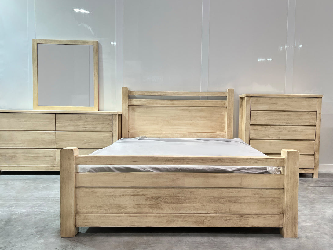 Martos Solid Acacia Wood Queen Bed Frame in Briar Smoke finish with matching dresser and mirror, showcasing modern elegance.
