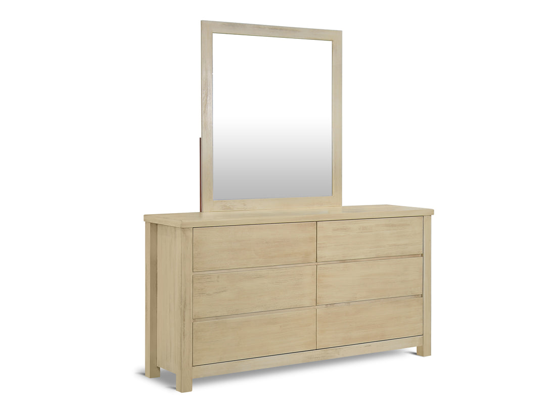 Martos Solid Acacia Wood 6 Drawer Dresser with Mirror in Briar Smoke finish for elegant bedroom decor.