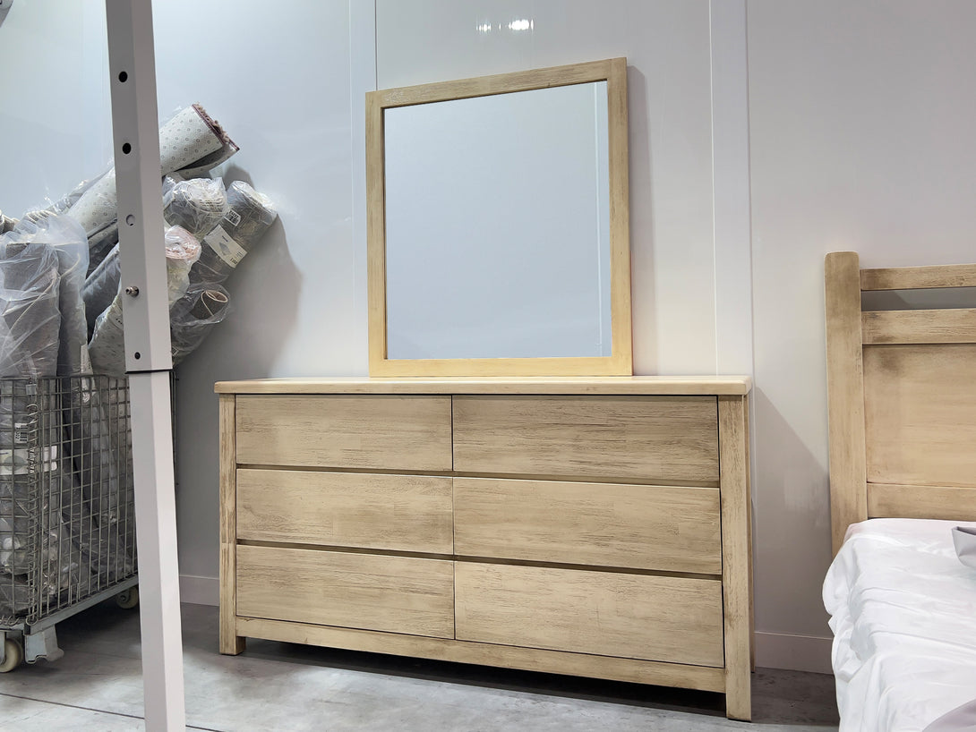 Martos Solid Acacia Wood 6 Drawer Dresser with Mirror in briar smoke finish for a stylish bedroom decor.