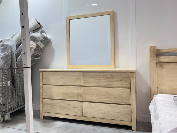 Martos Solid Acacia Wood 6 Drawer Dresser with Mirror in briar smoke finish for a stylish bedroom decor.