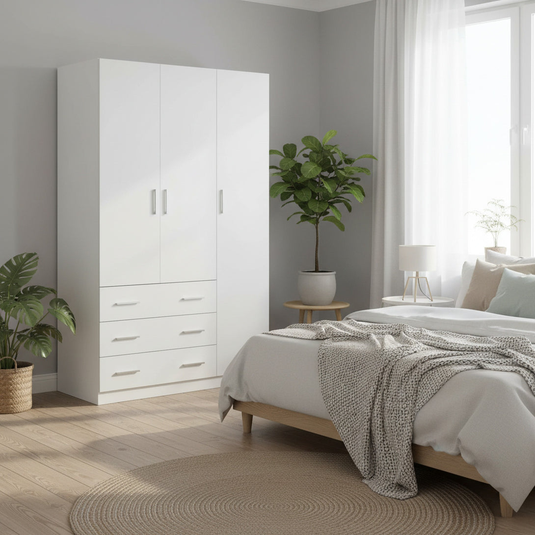 Tongass 3 Door Wardrobe with 3 Drawers - White