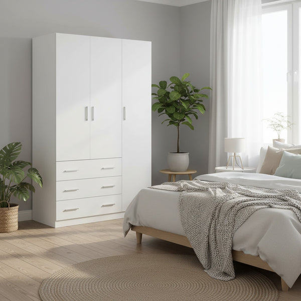 Tongass 3 Door Wardrobe with 3 Drawers - White