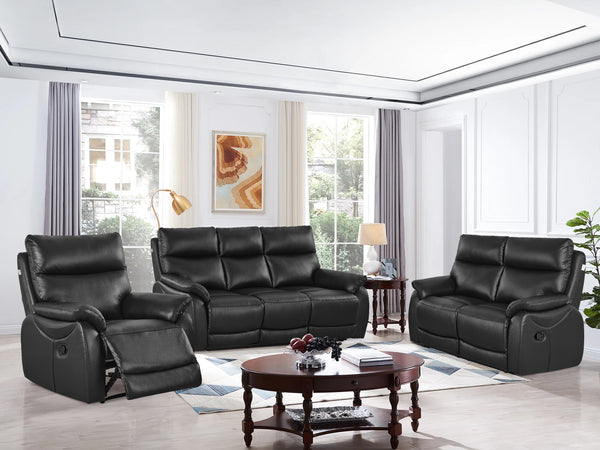 Charlton Manual Leather Recliner Sofa Set - Black