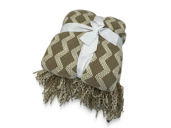 Premium Crochet Throw Blanket Khaki White 130x220cm