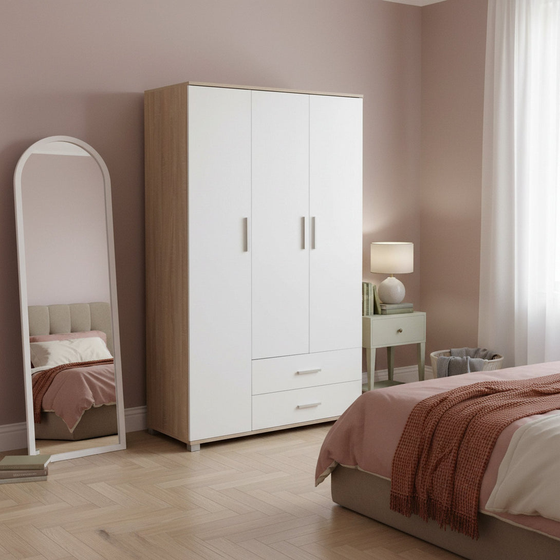 Bram 3 Door Wardrobe with 2 Drawers - Oak + White