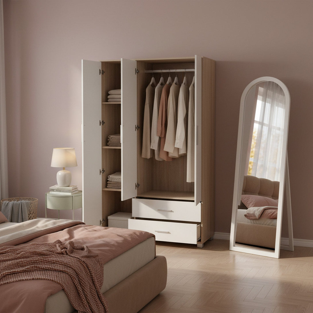 Bram 3 Door Wardrobe with 2 Drawers - Oak + White