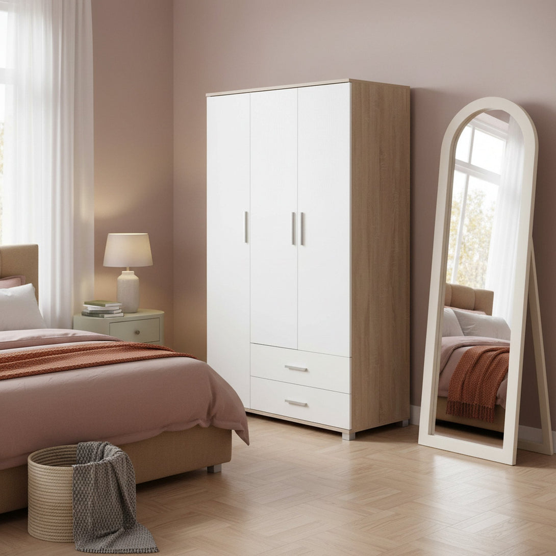 Bram 3 Door Wardrobe with 2 Drawers - Oak + White