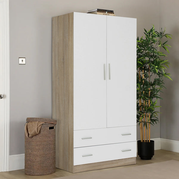 Bram 2 Door Wardrobe with 2 Drawers - Oak + White