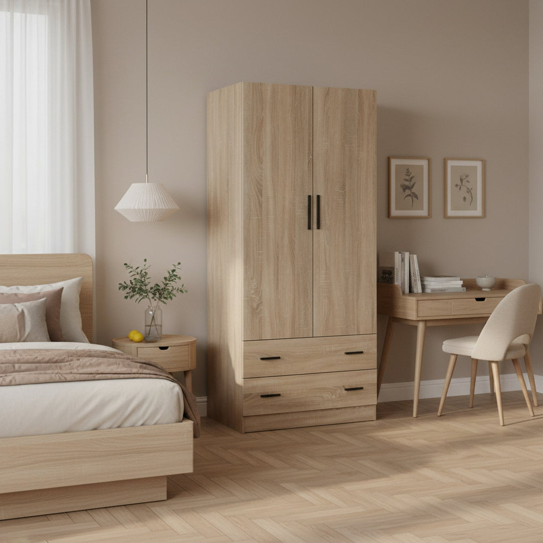 Bram 2 Door Wardrobe with 2 Drawers - Oak