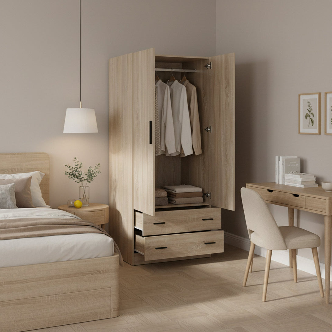 Bram 2 Door Wardrobe with 2 Drawers - Oak