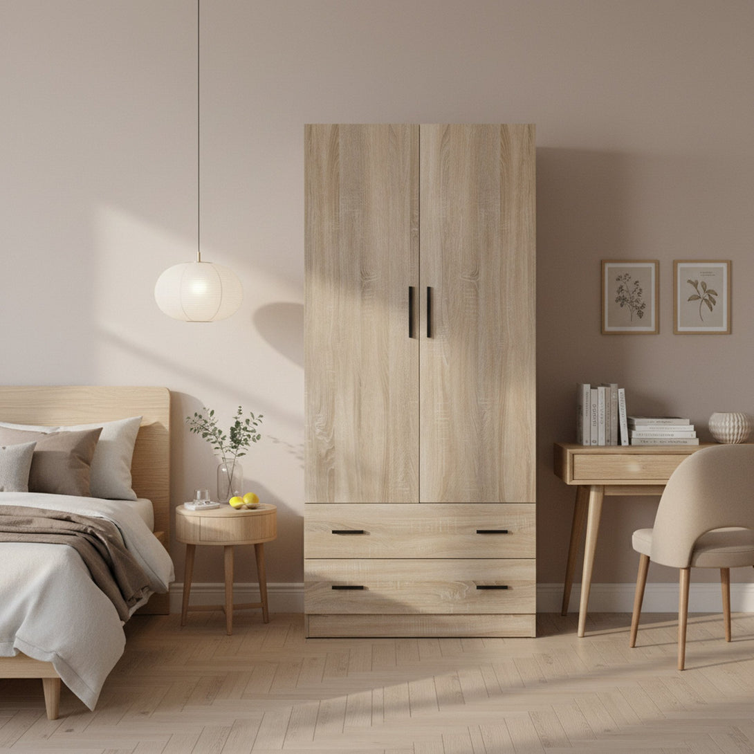 Bram 2 Door Wardrobe with 2 Drawers - Oak