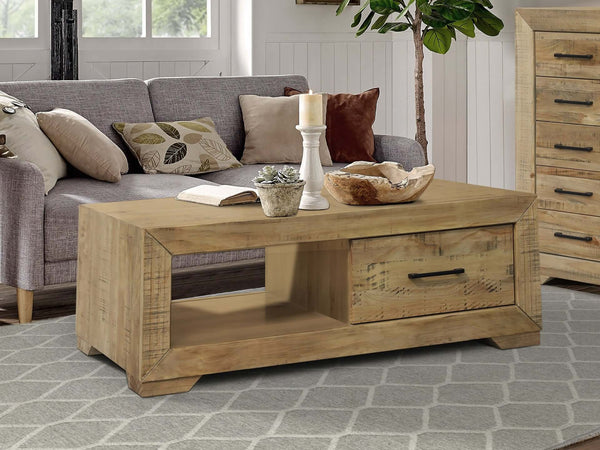 Argento solid wood coffee table in a modern living room setting with decorative accessories.