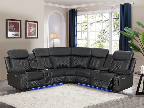 Grovetown Electric Recliner Corner Sofa with LED and Speaker - Black