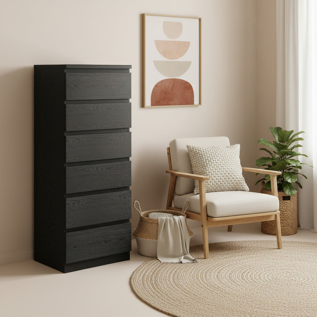 Tongass Wooden 6 Drawers Slim Tallboy - Black