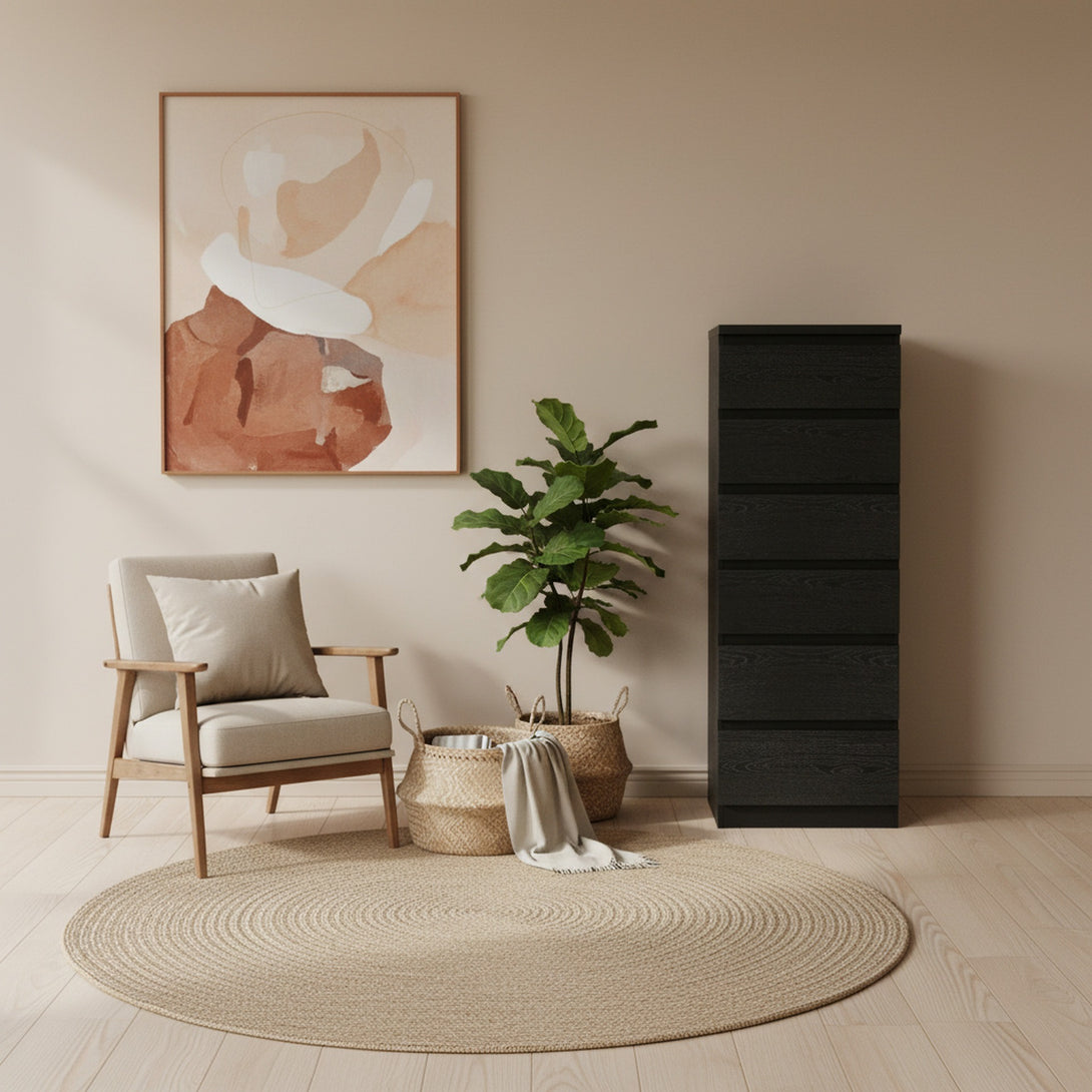 Tongass Wooden 6 Drawers Slim Tallboy - Black