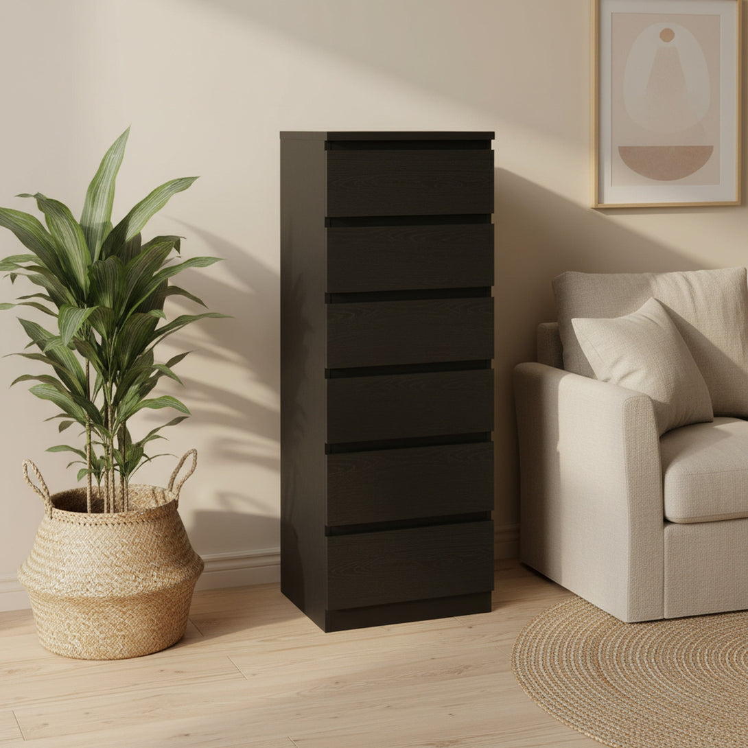 Tongass Wooden 6 Drawers Slim Tallboy - Black
