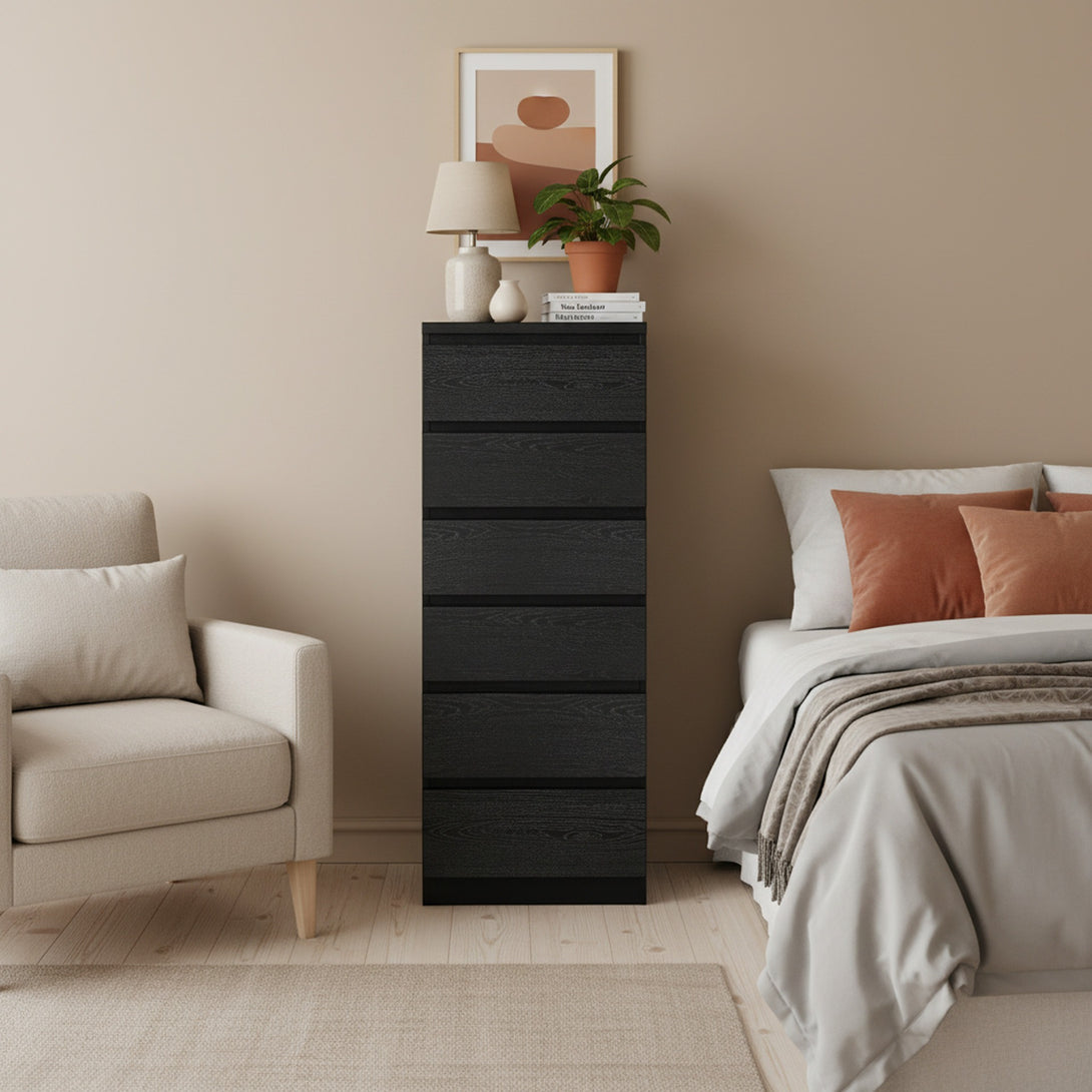 Tongass Wooden 6 Drawers Slim Tallboy - Black