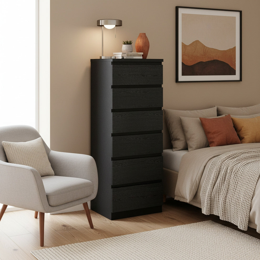 Tongass Wooden 6 Drawers Slim Tallboy - Black