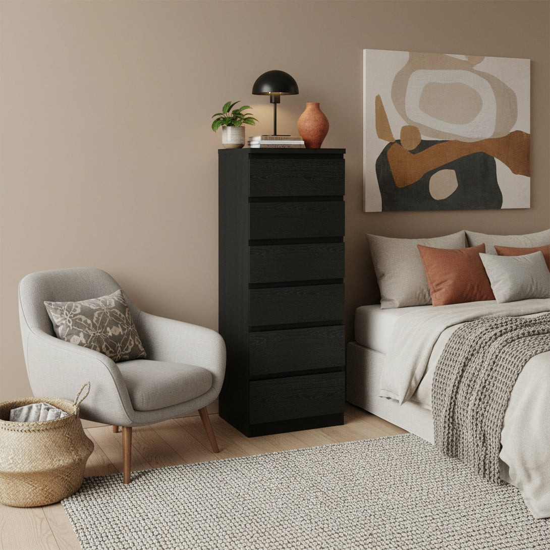Tongass Wooden 6 Drawers Slim Tallboy - Black