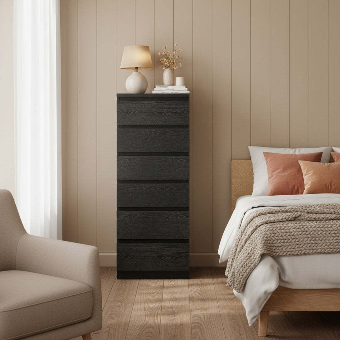 Tongass Wooden 6 Drawers Slim Tallboy - Black