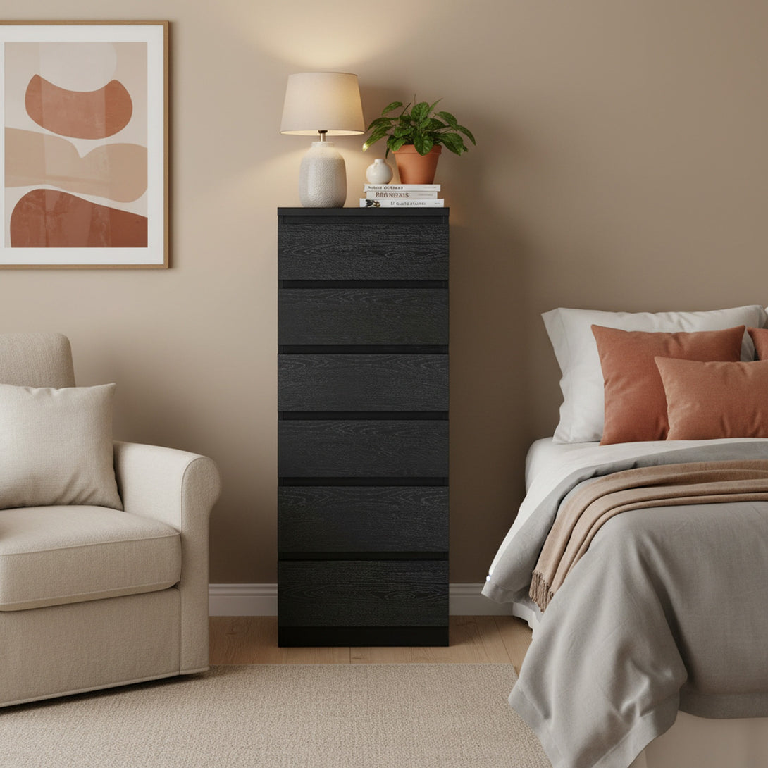 Tongass Wooden 6 Drawers Slim Tallboy - Black