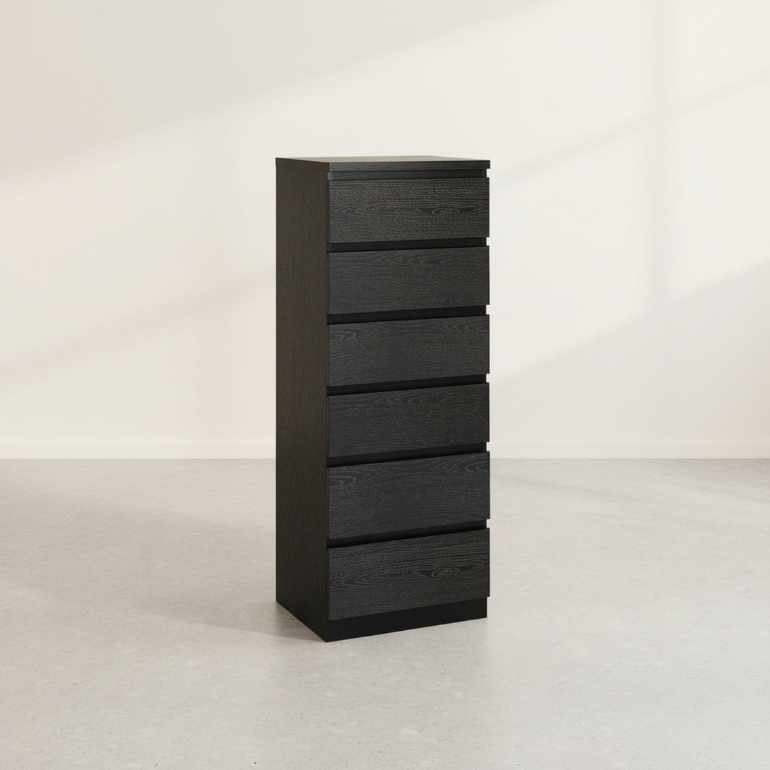 Tongass Wooden 6 Drawers Slim Tallboy - Black