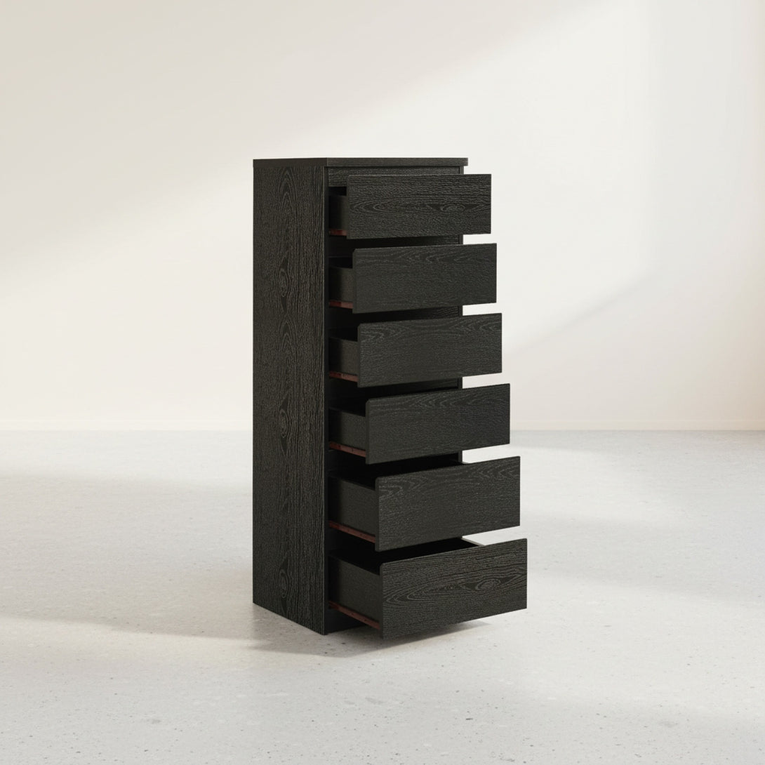Tongass Wooden 6 Drawers Slim Tallboy - Black