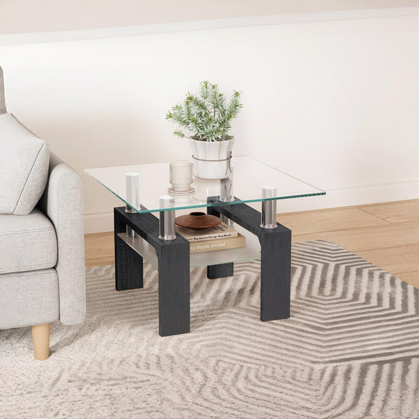 Ollie Tempered Glass Square Side Table 64 x 64cm - Black