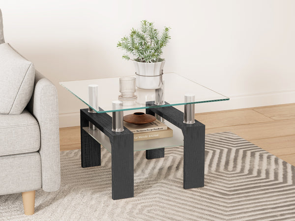 Ollie Tempered Glass Square Side Table 64 x 64cm - Black