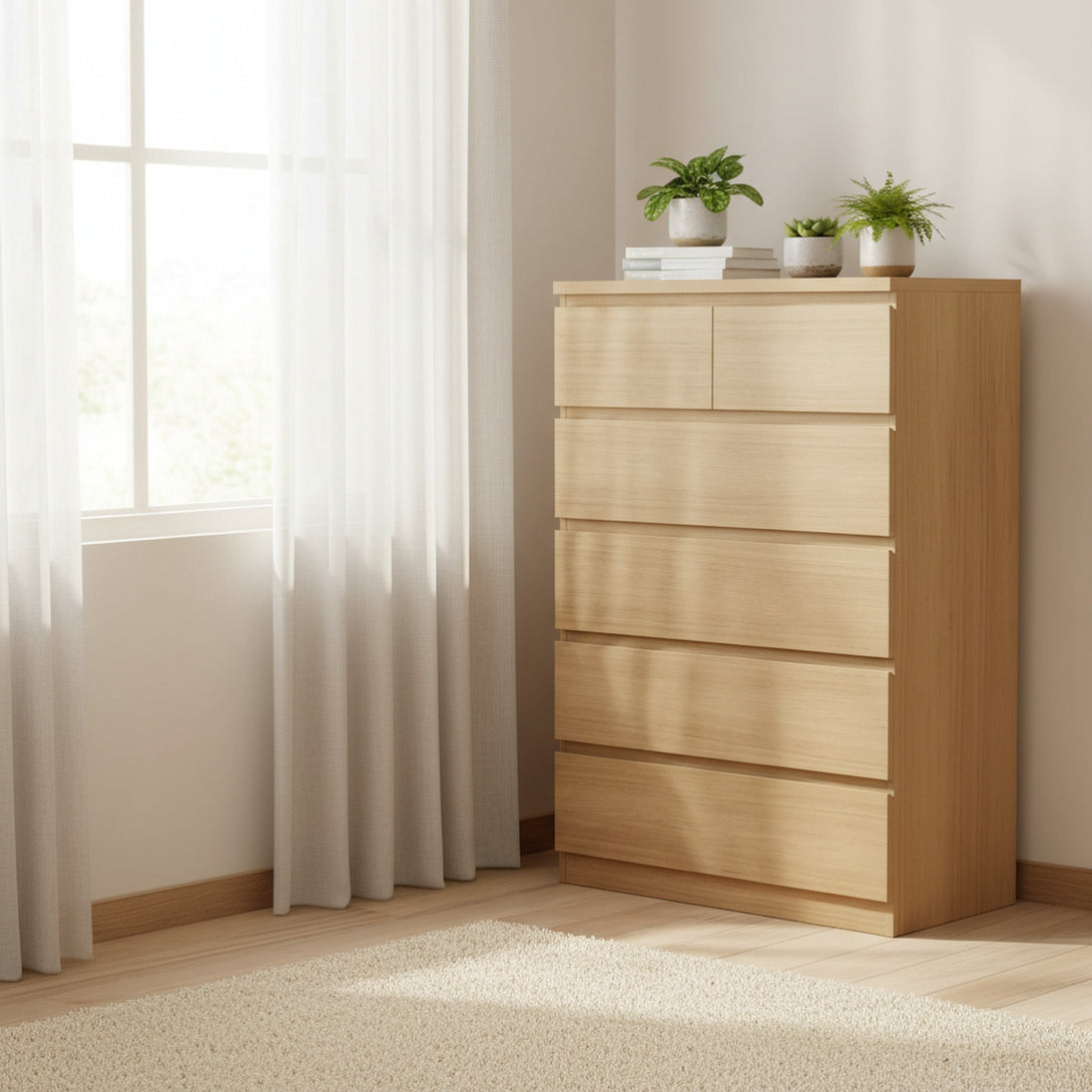 TONGASS 6 Drawer Tallboy - OAK