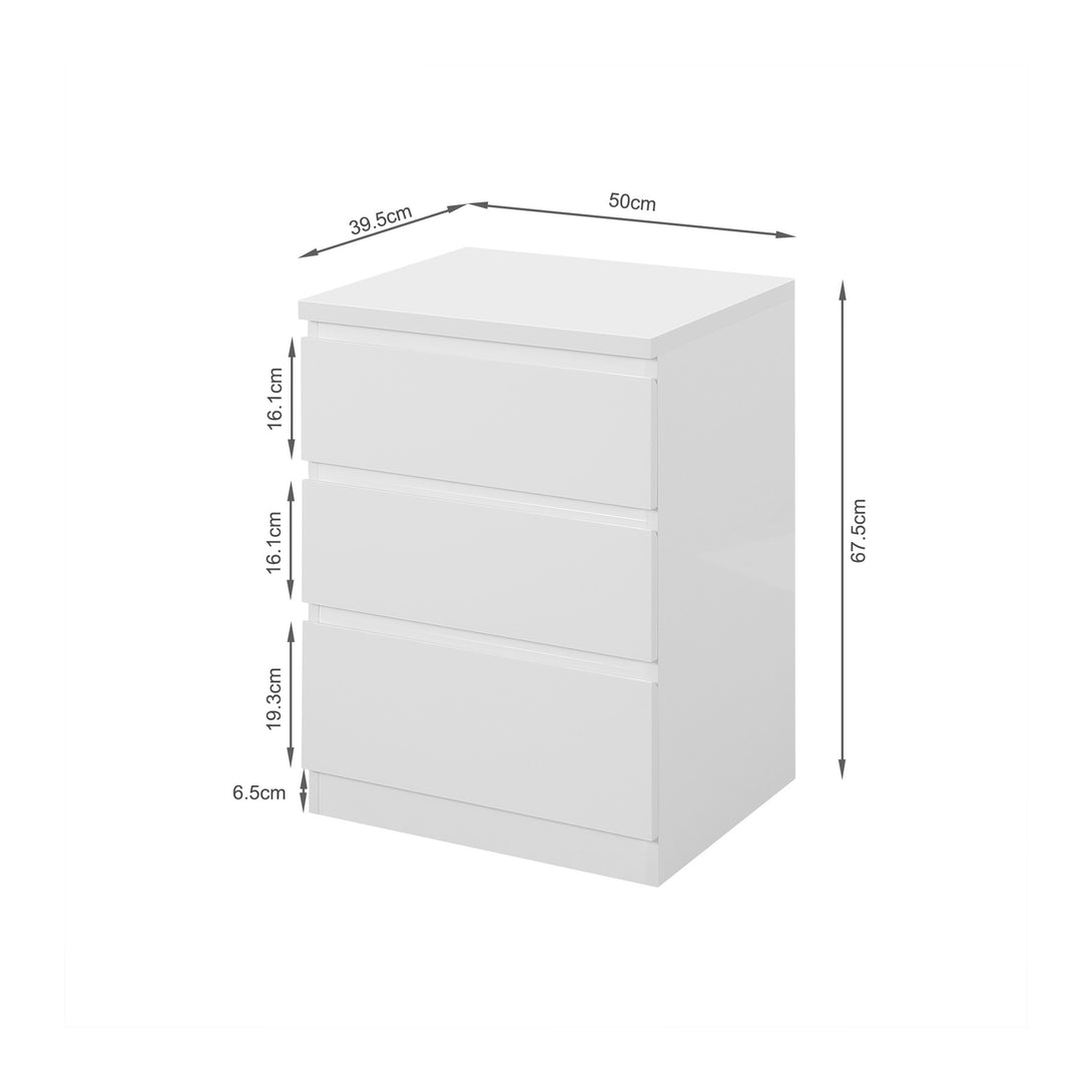 ANGELES High Gloss Bedside Table with 3 Drawers - WHITE
