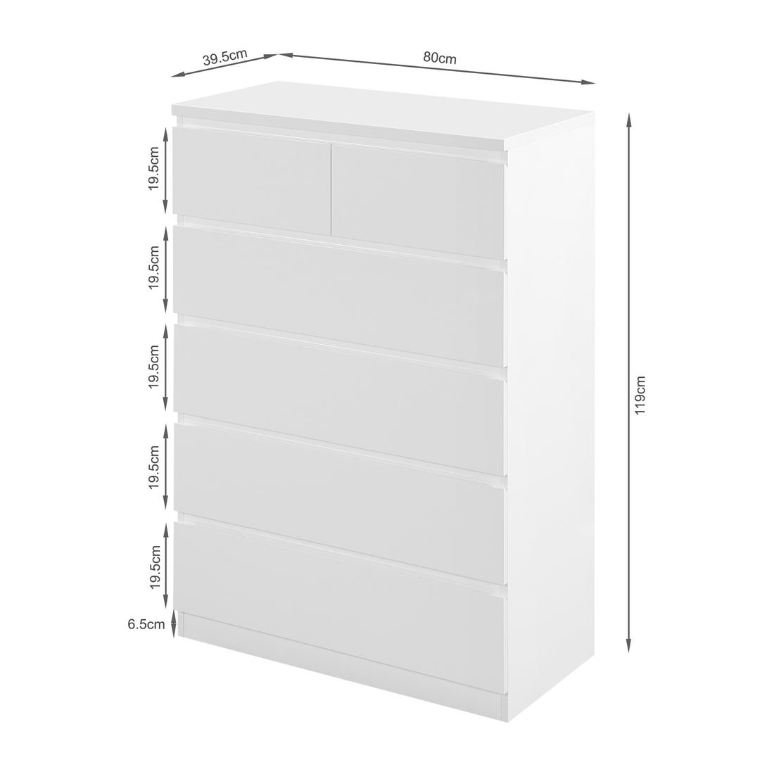 ANGELES High Gloss 6 Drawer Tallboy - WHITE