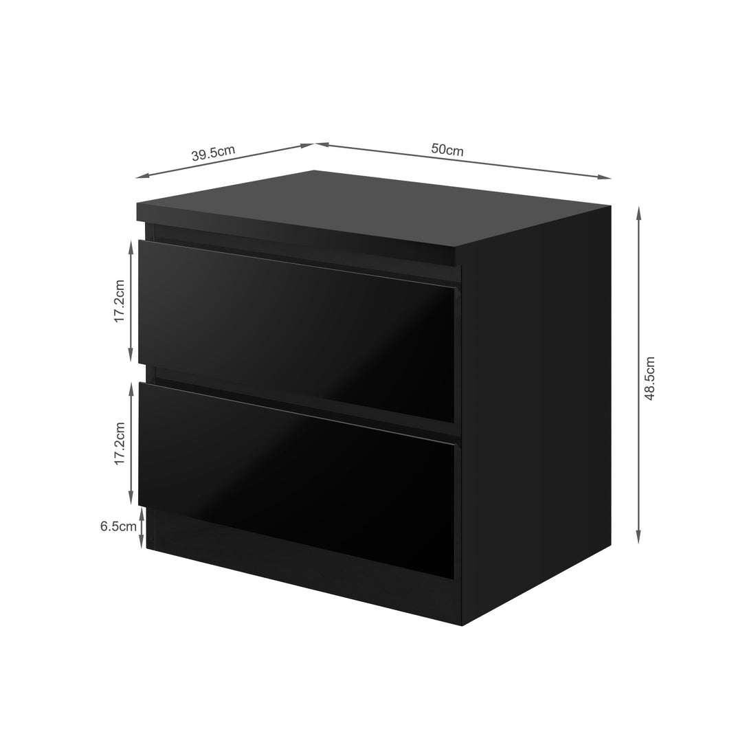 ANGELES High Gloss Bedside Table with 2 Drawers - BLACK