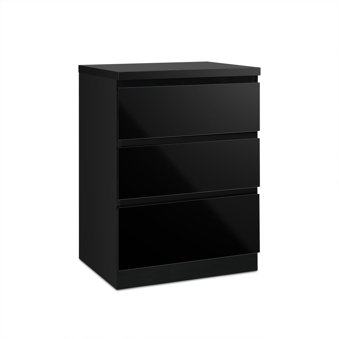 ANGELES High Gloss Bedside Table with 3 Drawers - BLACK