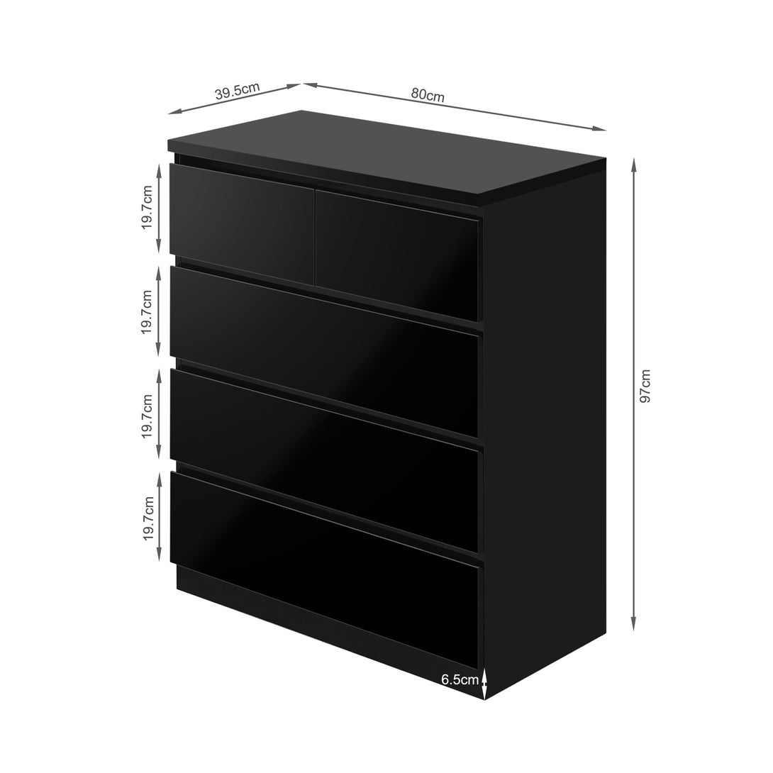 ANGELES High Gloss 5 Drawer Tallboy - BLACK