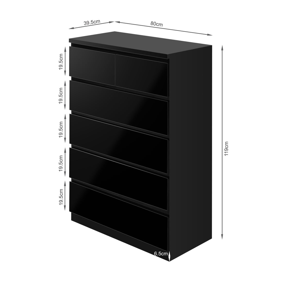 ANGELES High Gloss 6 Drawer Tallboy - BLACK