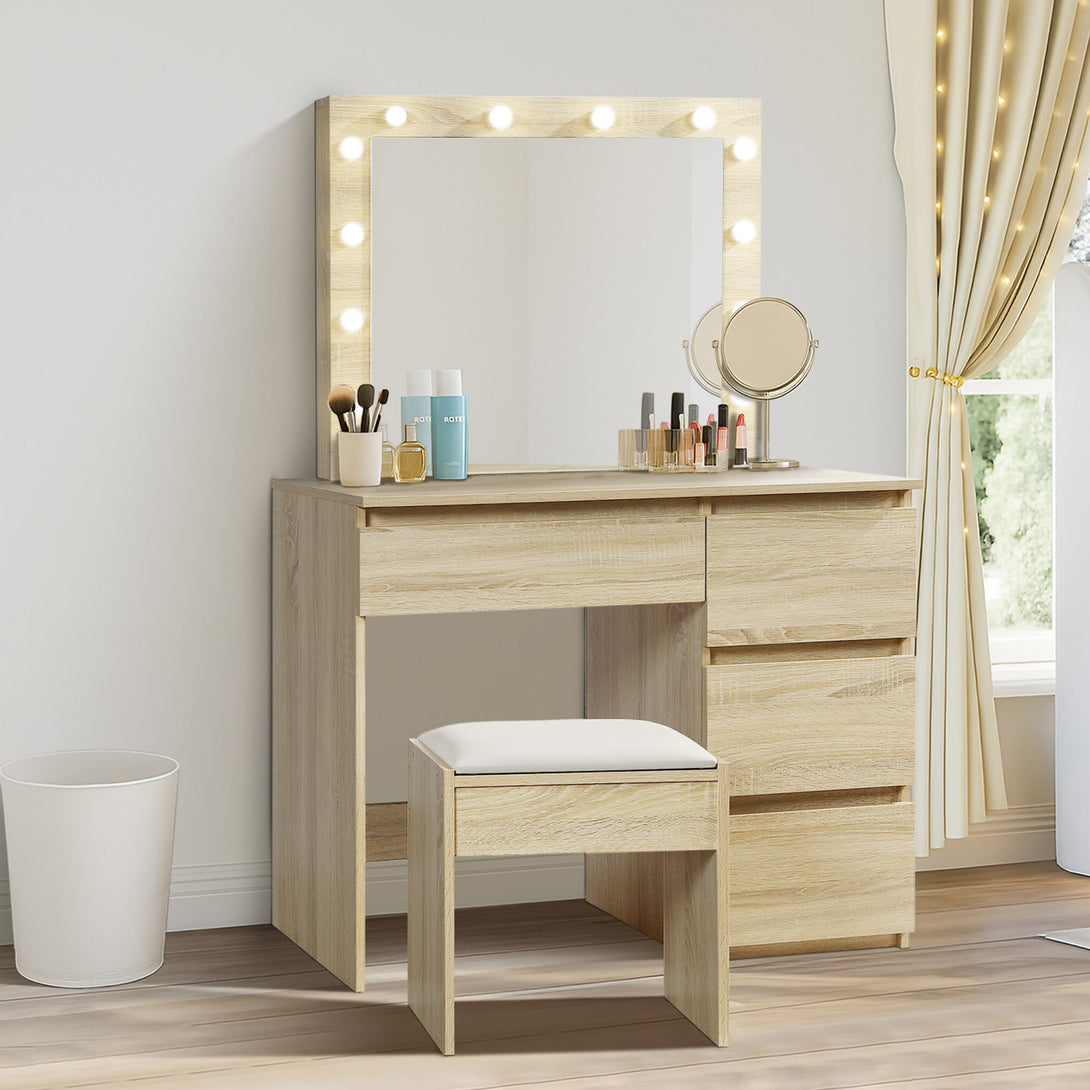 BEGONIA 2 Piece Dressing Table with Mirror & Stool Set - Oak