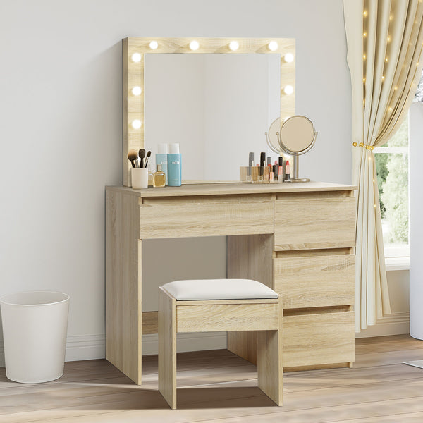 BEGONIA 2 Piece Dressing Table with Mirror & Stool Set - Oak