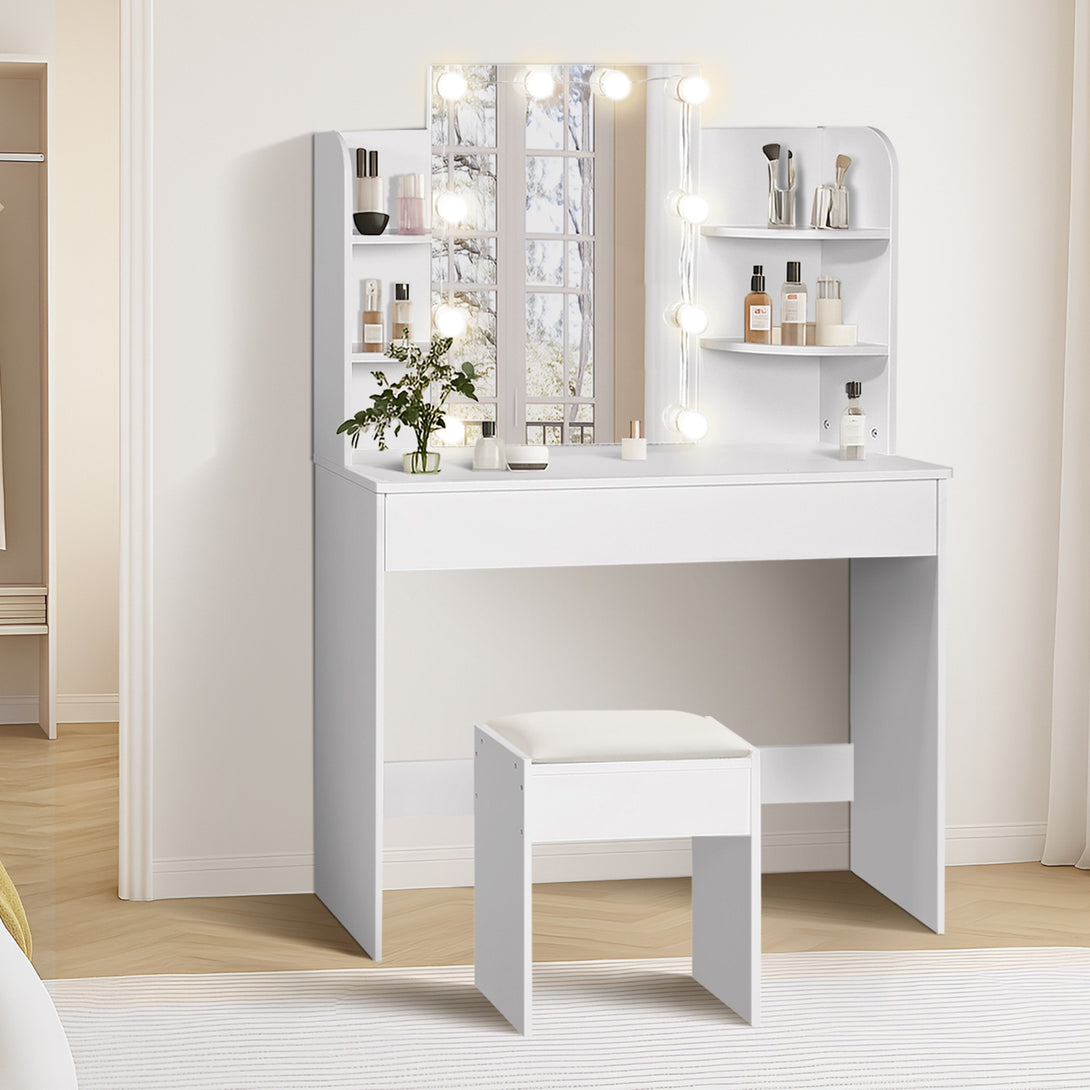 CELOSIA 2 Piece Dressing Table with Mirror & Stool Set - White